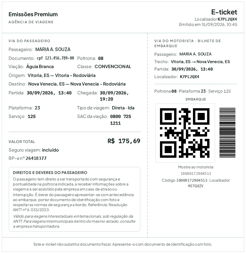 E-ticket impresso da Emissões Premium para a viagem de Vitória a Nova Venécia em 30/09/2026, com a via do passageiro (dados da viagem, valor e direitos do passageiro) e a via do motorista com QR code e código de barras para o embarque. Dados do passageiro fictícios.