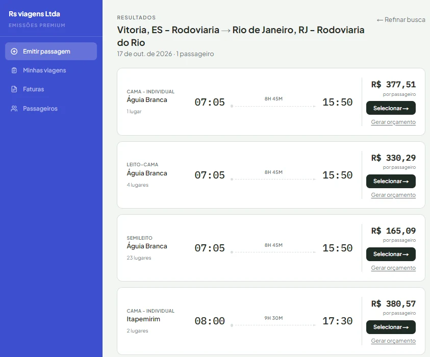 Tela de resultados da busca Vitória para Rio de Janeiro, com horários, classes, lugares disponíveis e preço por passageiro.